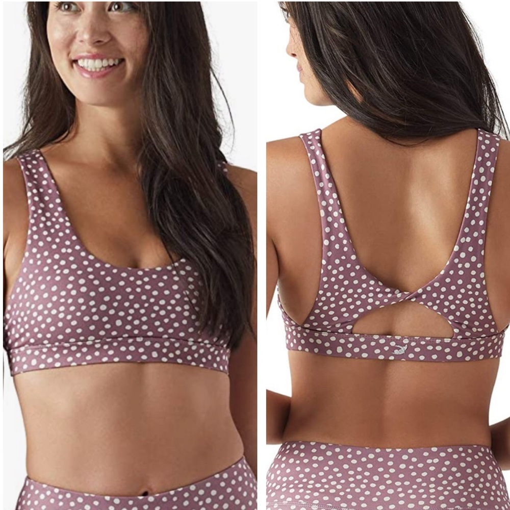 GLYDER NWT POPPY SPORTS BRA MAUVE WHITE POLKA DOT STRAPPY BACK XS